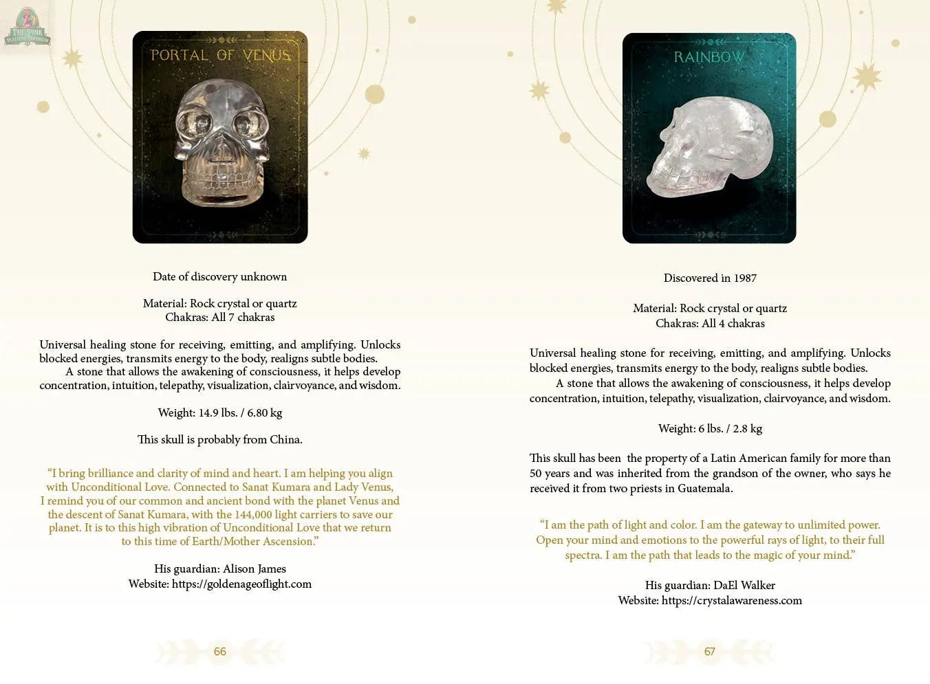 An open book from REDFeather’s Oracle of the Crystal Skulls displays two pages on Portal of Venus and Rainbow skulls, featuring images, materials, properties, guardian contacts, and resembling an oracle card divination system.