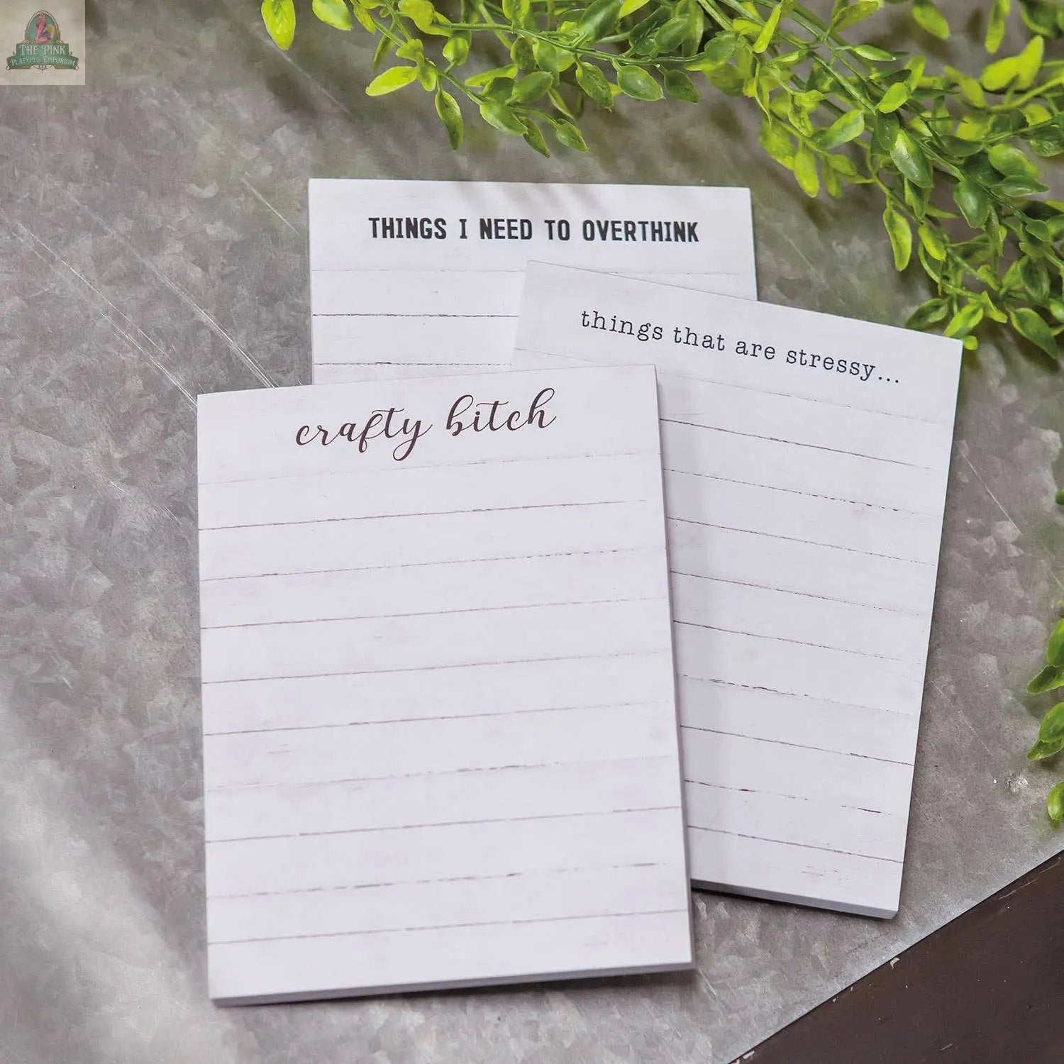 Three mini notepads, including the Overthink Notepad, sit on a metal surface near greenery. Each features quirky fonts, funny labels, and magnetic backs for easy display—perfect for capturing thoughts and overthinking moments!.