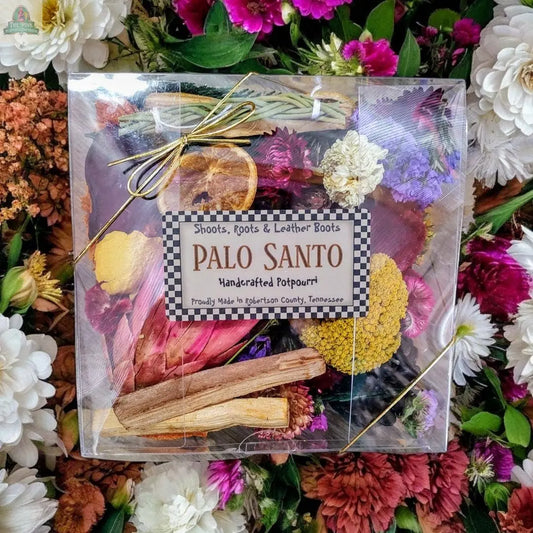 PALO SANTO Handcrafted Potpourri- 10 oz. 7x7x3 Clear Box Shoots, Roots & Leather Boots
