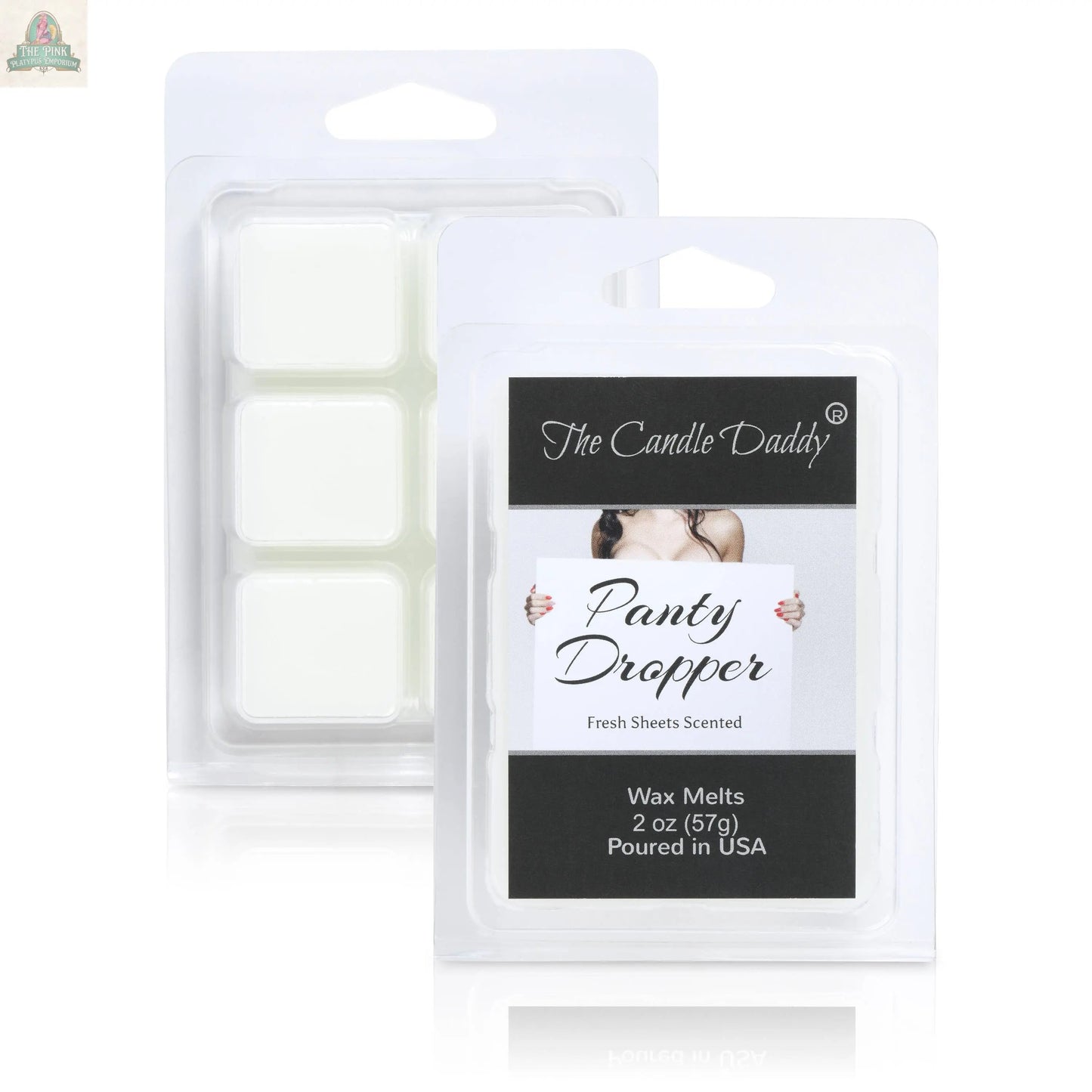A 2oz plastic pack of The Candle Daddy PANTY DROPPER - FRESH BED SHEETS SCENTED MELT contains six white aromatherapy wax cubes, each pack featuring a suggestive image and a fresh sheets fragrance.