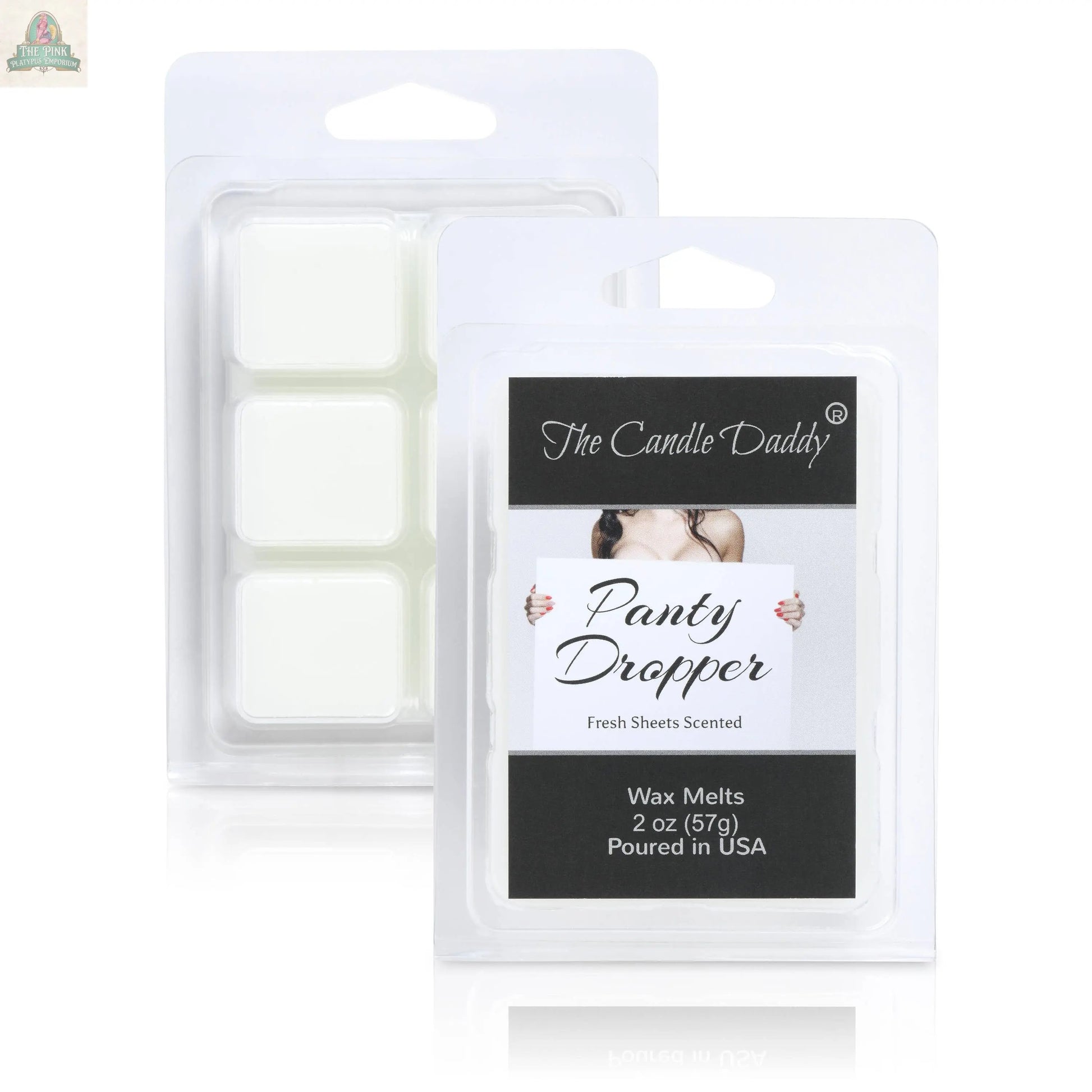 A 2oz plastic pack of The Candle Daddy PANTY DROPPER - FRESH BED SHEETS SCENTED MELT contains six white aromatherapy wax cubes, each pack featuring a suggestive image and a fresh sheets fragrance.