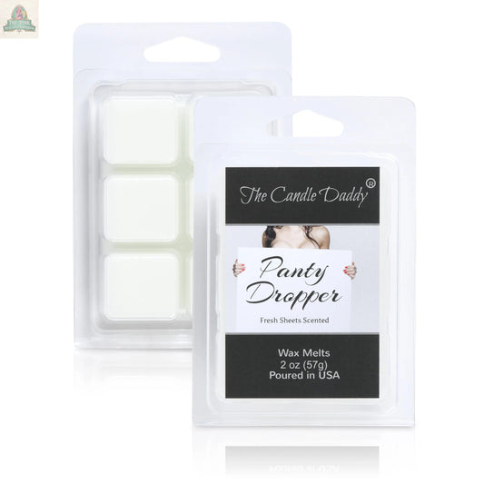 A 2oz plastic pack of The Candle Daddy PANTY DROPPER - FRESH BED SHEETS SCENTED MELT contains six white aromatherapy wax cubes, each pack featuring a suggestive image and a fresh sheets fragrance.