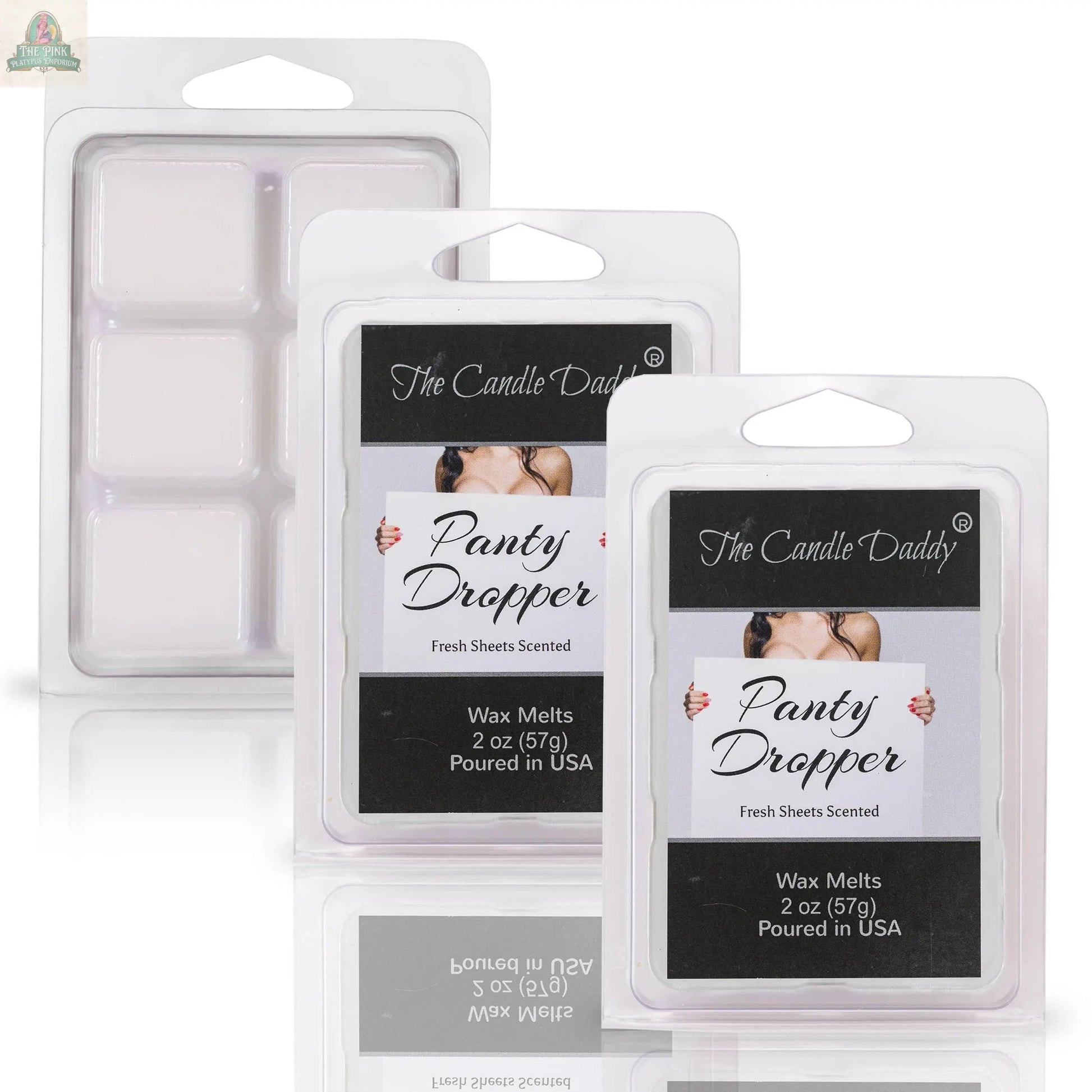 A 2 oz pack of PANTY DROPPER - FRESH BED SHEETS SCENTED MELT by The Candle Daddy is shown in clear plastic packaging with a suggestive label featuring a partial image of a woman.