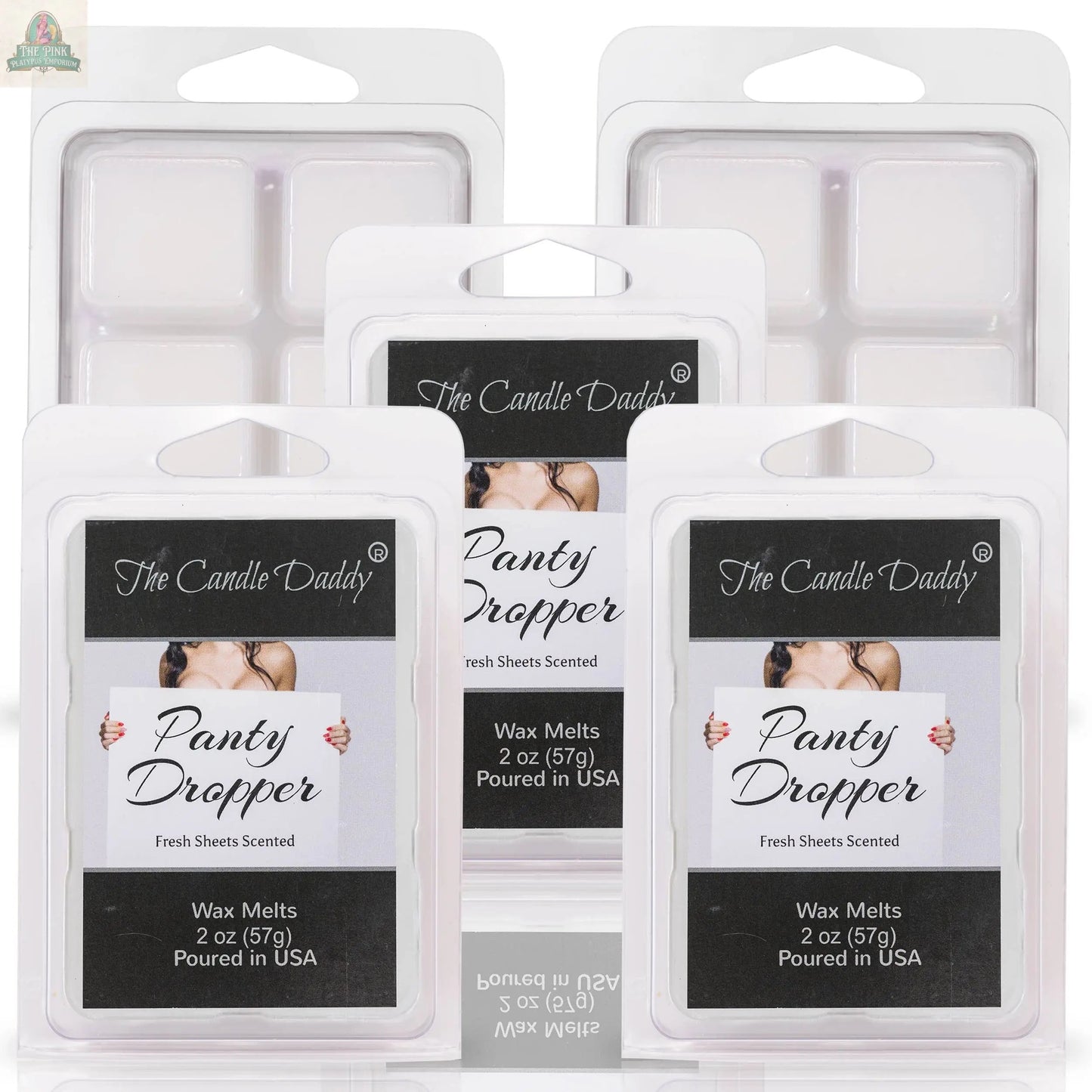 Five packs of The Candle Daddy Panty Dropper Fresh Bed Sheets scented wax melts (2 oz each) are arranged together, displaying labels in black, white, and nude tones, highlighting the relaxing aromatherapy fragrance.
