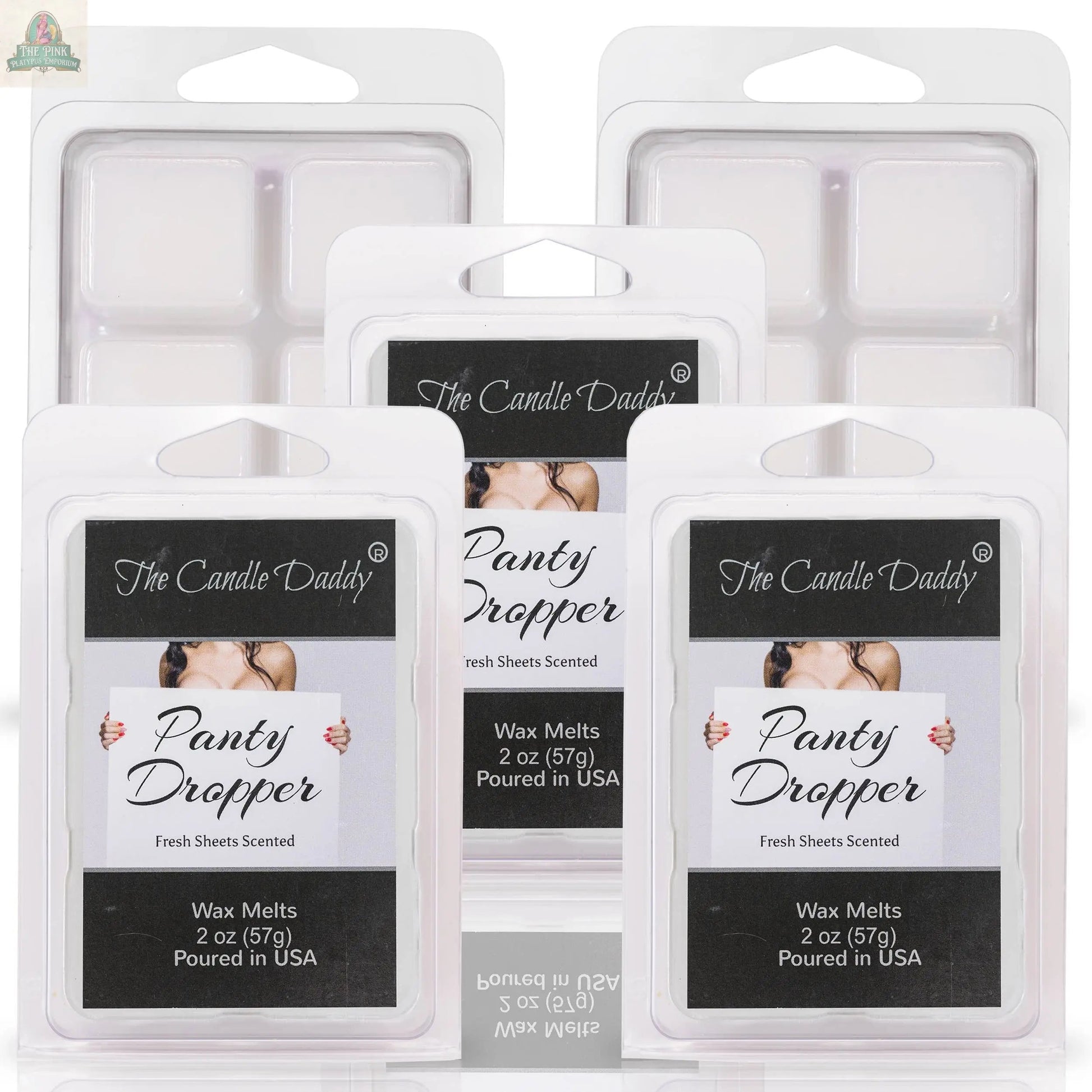 Five packs of The Candle Daddy Panty Dropper Fresh Bed Sheets scented wax melts (2 oz each) are arranged together, displaying labels in black, white, and nude tones, highlighting the relaxing aromatherapy fragrance.