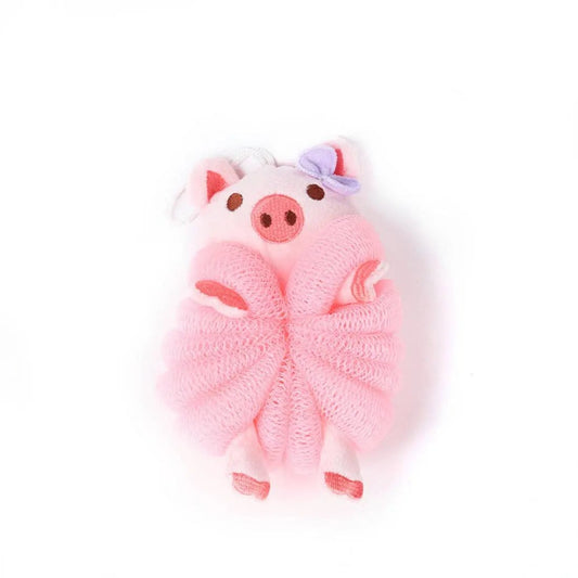 The PAPO - Cute Cartoon Bath Sponge: Pig features a pink pig shape with a cute face, ears, legs, and a purple bow—making bath time fun and playful for kids.