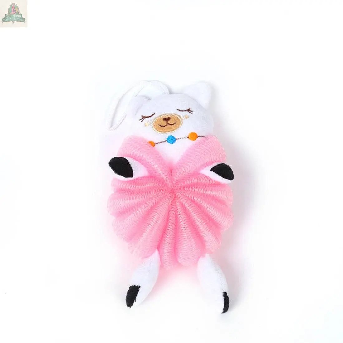 The PAPO Cute Cartoon Bath Sponge: Pig is a plush cartoon bath sponge shaped like a pig, featuring closed eyes, blue beads around its neck, and a pink ruffled sponge body to make kids' bath time fun.