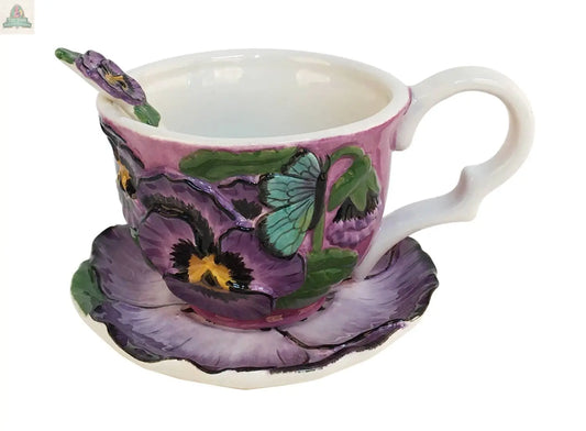 Pansy Teacup, Saucer And Spoon Set Blue Sky Clayworks