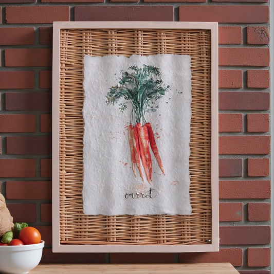 Framed towel with carrot design against a brick wall
