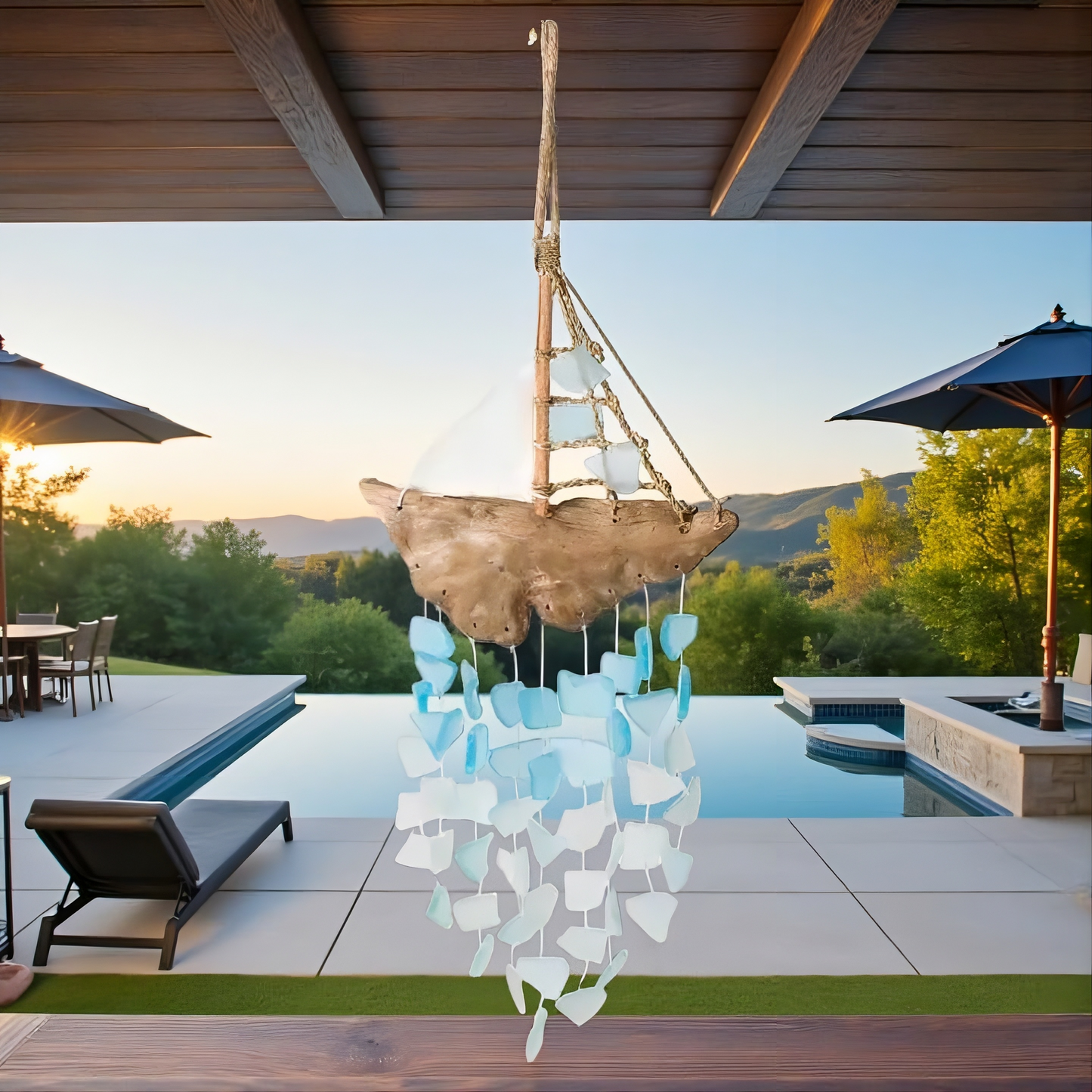 Decorative Handmade Tumbled Glass Wind Chime shaped like a sailboat hanging over a pool area with a scenic background