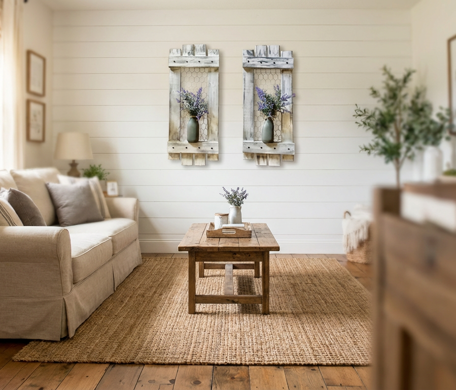 Living room with beige sofa, wooden coffee table, and wall decorations.