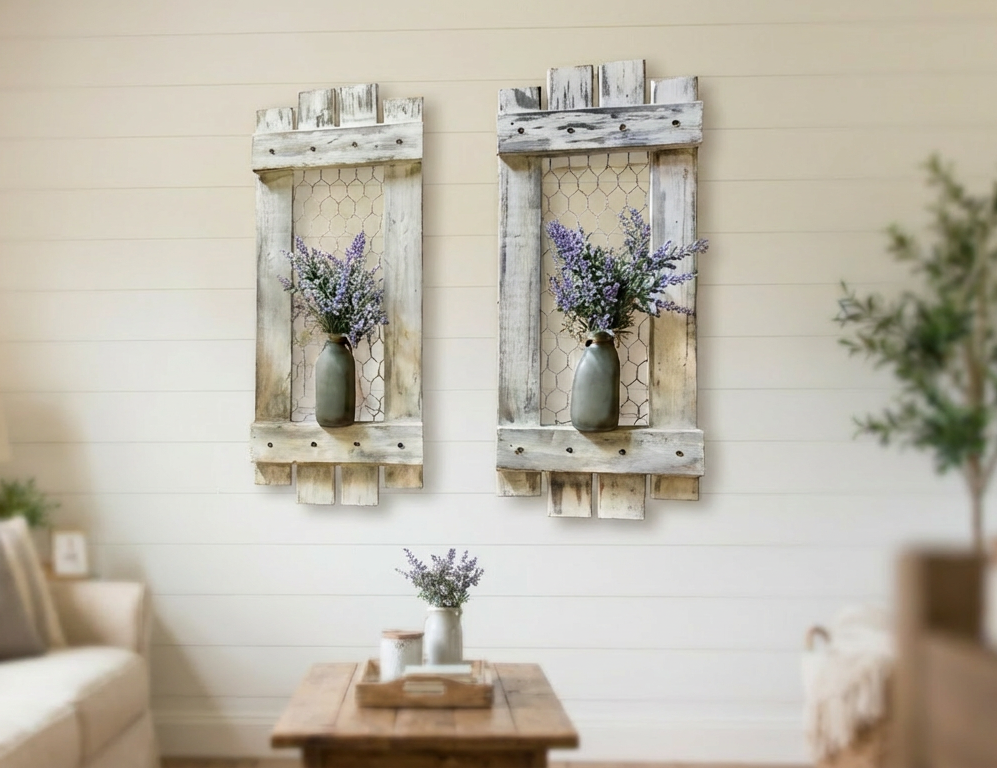 Two wooden wall shelves with floral decorations in a living room setting.