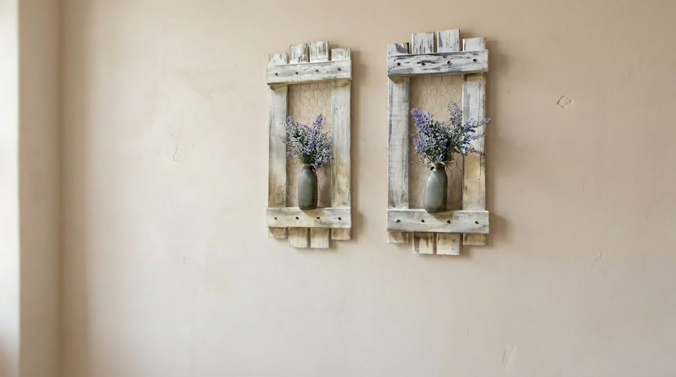 Two wooden wall shelves with floral arrangements on a beige wall.