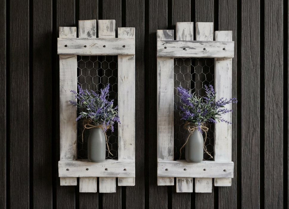 Two wooden wall shelves with floral arrangements against a dark wooden background