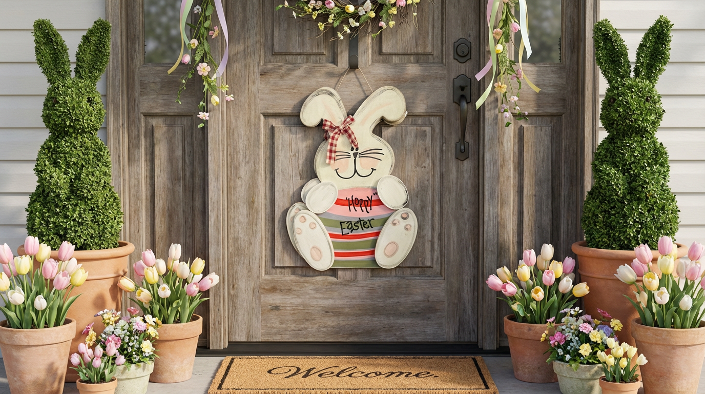 Decorative Easter bunny sign on a wooden door with potted tulips and topiary plants.