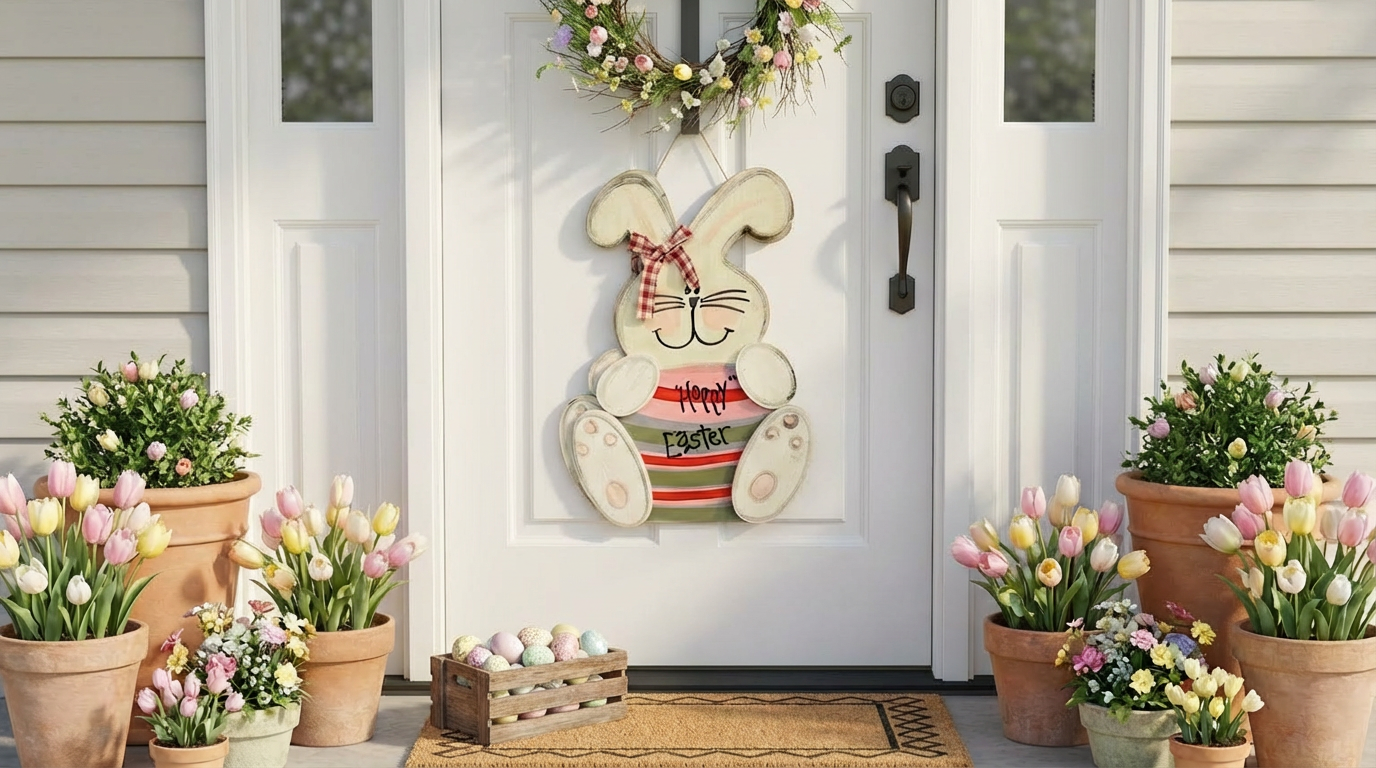 Decorative bunny sign on a door with potted flowers and Easter eggs.