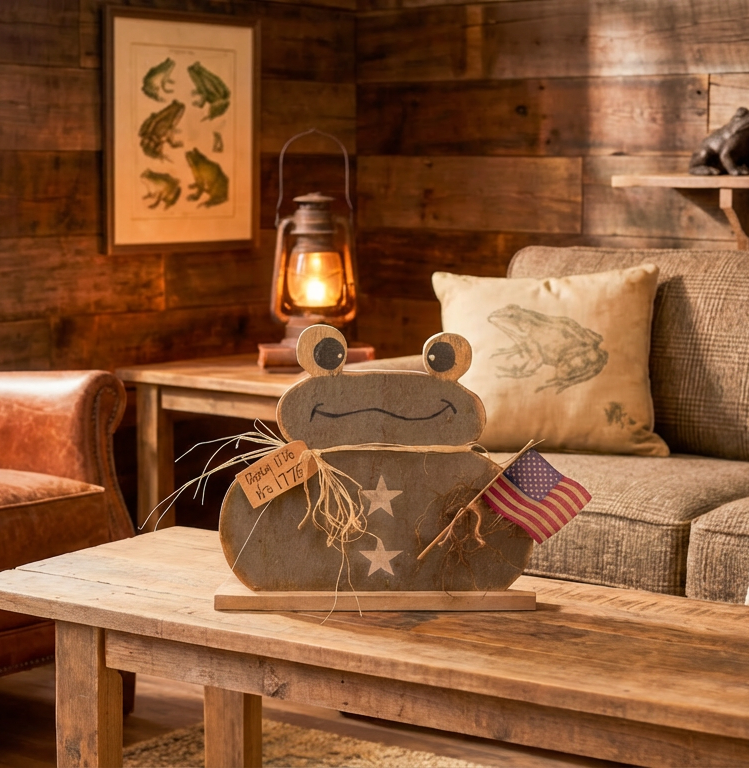 rustic patriotic frog decor with american flag on wood base styled on coffee table in cozy cabin living room, americana fourth of july tabletop decoration