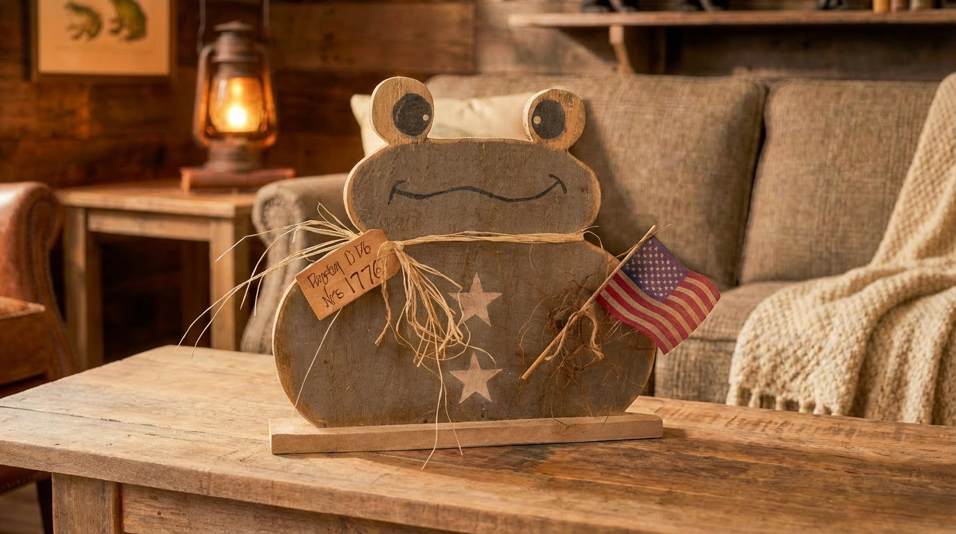 rustic patriotic frog decor holding american flag with star accents on wood base, americana fourth of july tabletop decoration for living room or coffee table styling