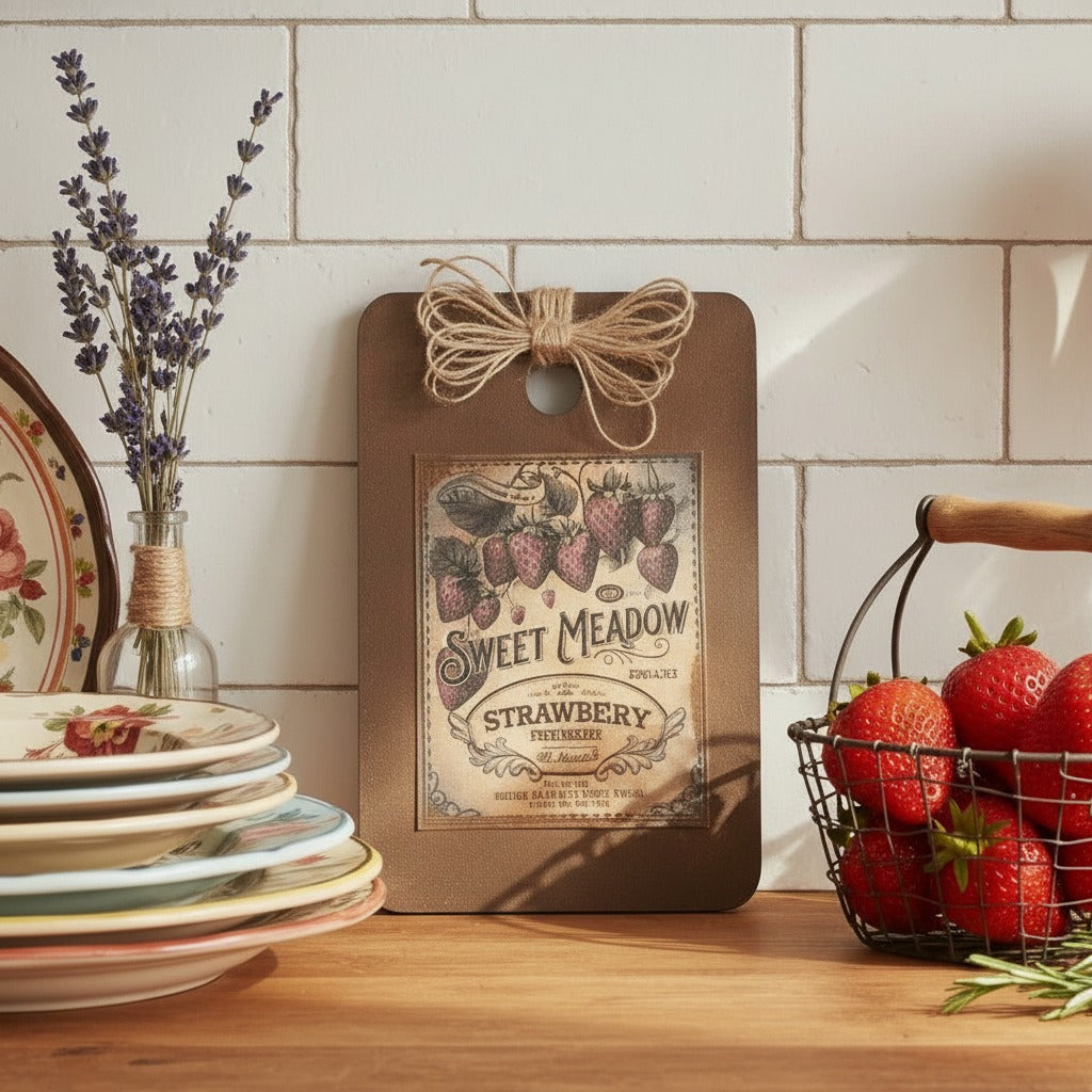 Decorative cutting board with 'Sweet Meadow' strawberry label on a kitchen counter with plates and strawberries.