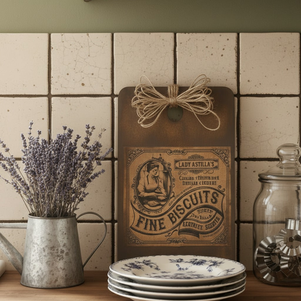 Vintage-style decorative sign with a woman's portrait and text, placed on a tiled wall with decorative items like plates and lavender.