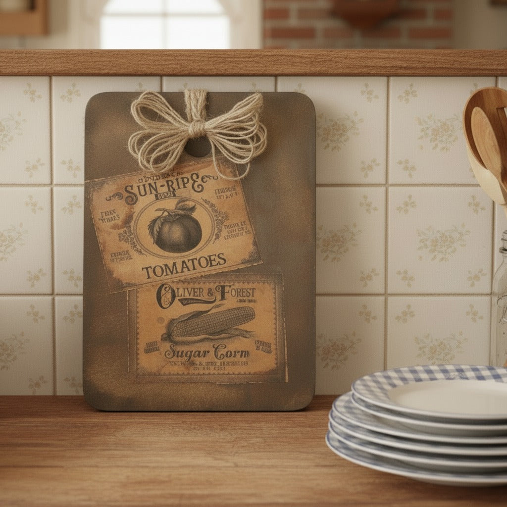 Decorative cutting board with vintage-style labels in a kitchen setting