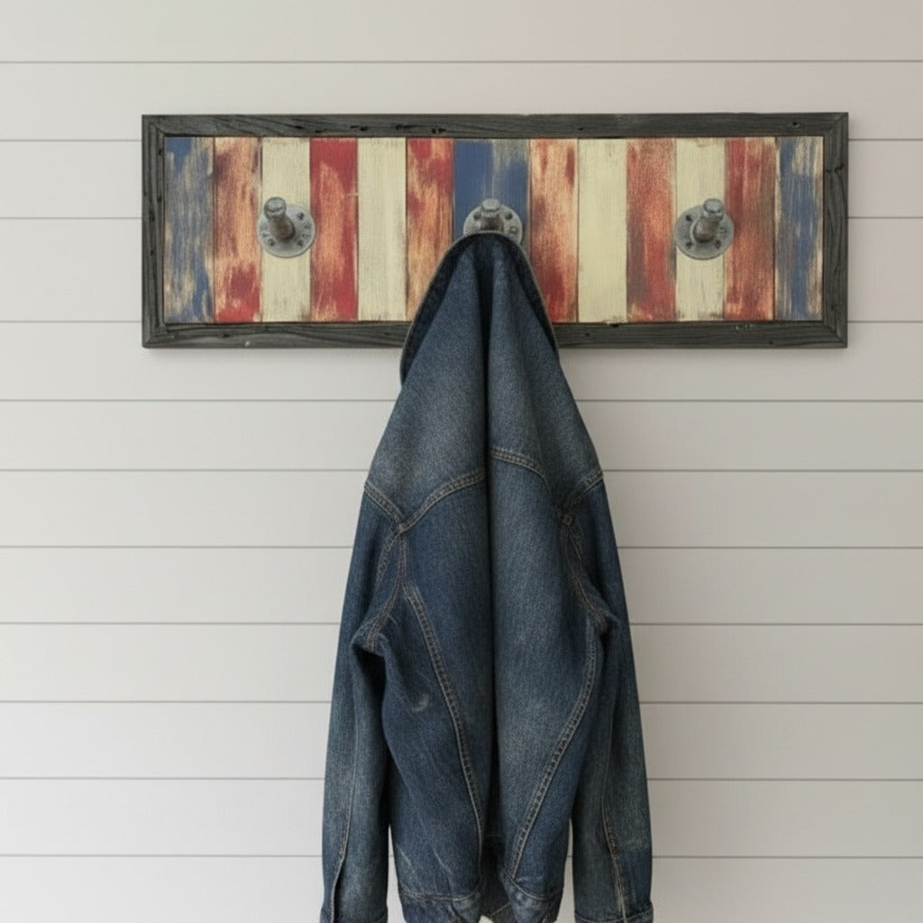 Wooden coat rack with American flag design on a white wall with a denim jacket hanging on it.