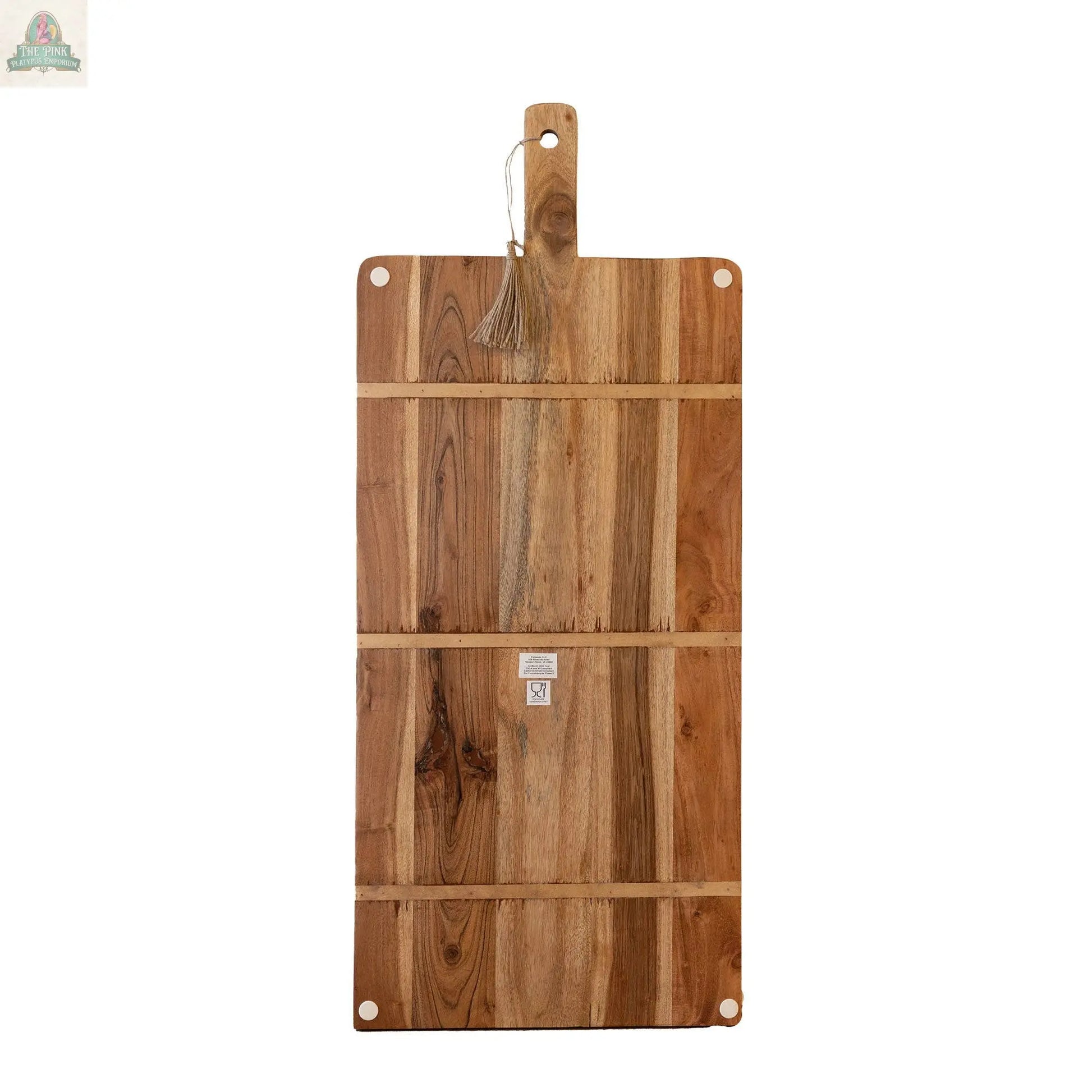 The 38 Inch Oversized Cutting Board/Charcuterie Board is a rectangular acacia wood board with a handle, string loop, visible wood grain, and four round corner holes—ideal for adding rustic charm to your kitchen decor.