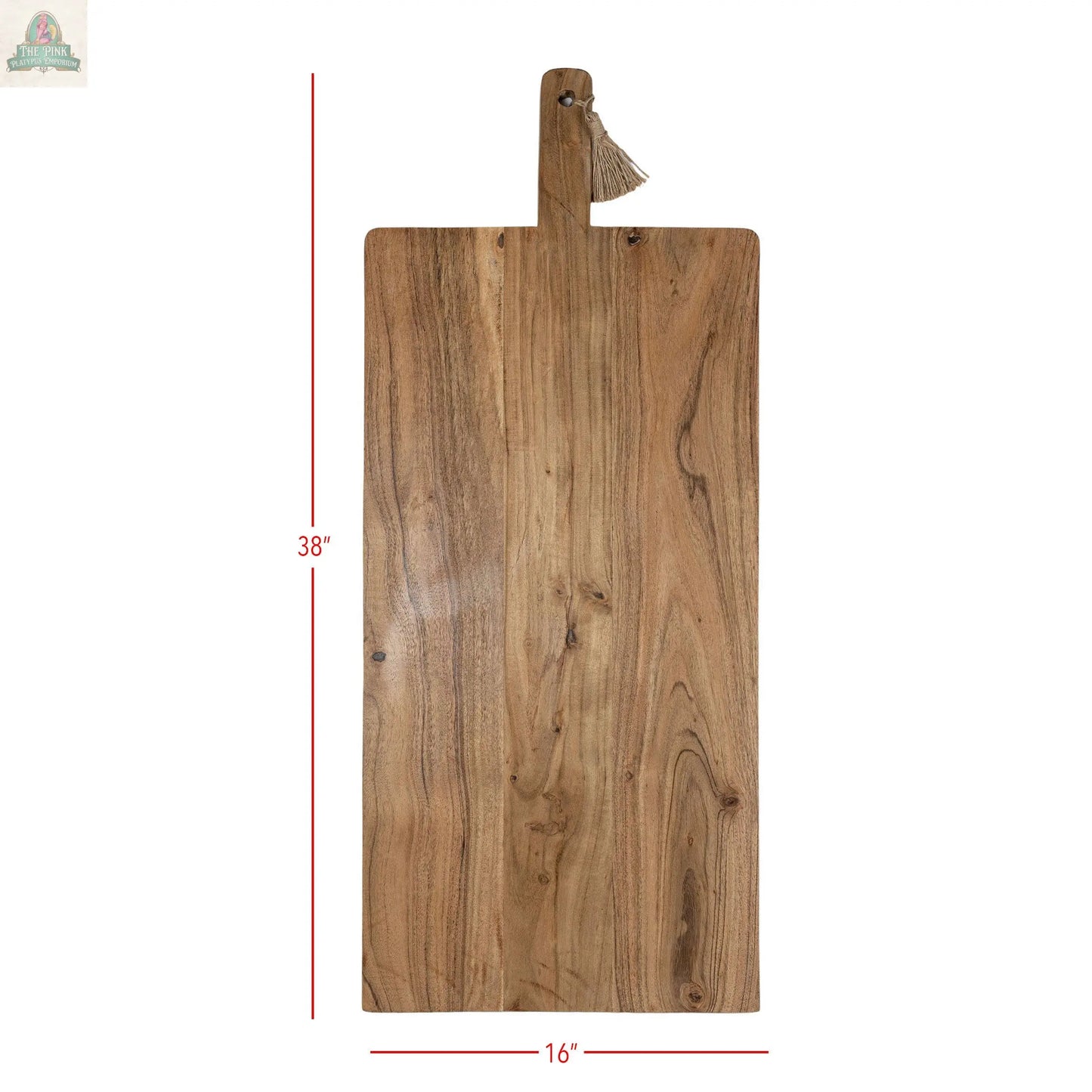 The 38 Inch Oversized Cutting Board/Charcuterie Board, made of acacia wood with a handle and tassel, is shown against a white background with red measurement lines—ideal for adding rustic charm to any kitchen.