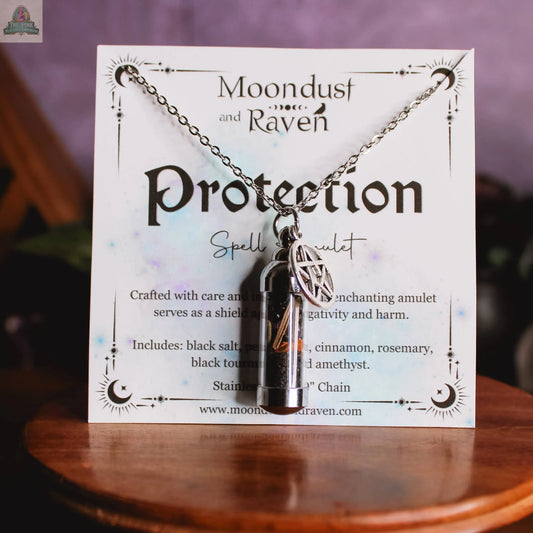 Protection Spell Jar Amulet Necklace,Witchy Crystal Jewelry Moondust and Raven