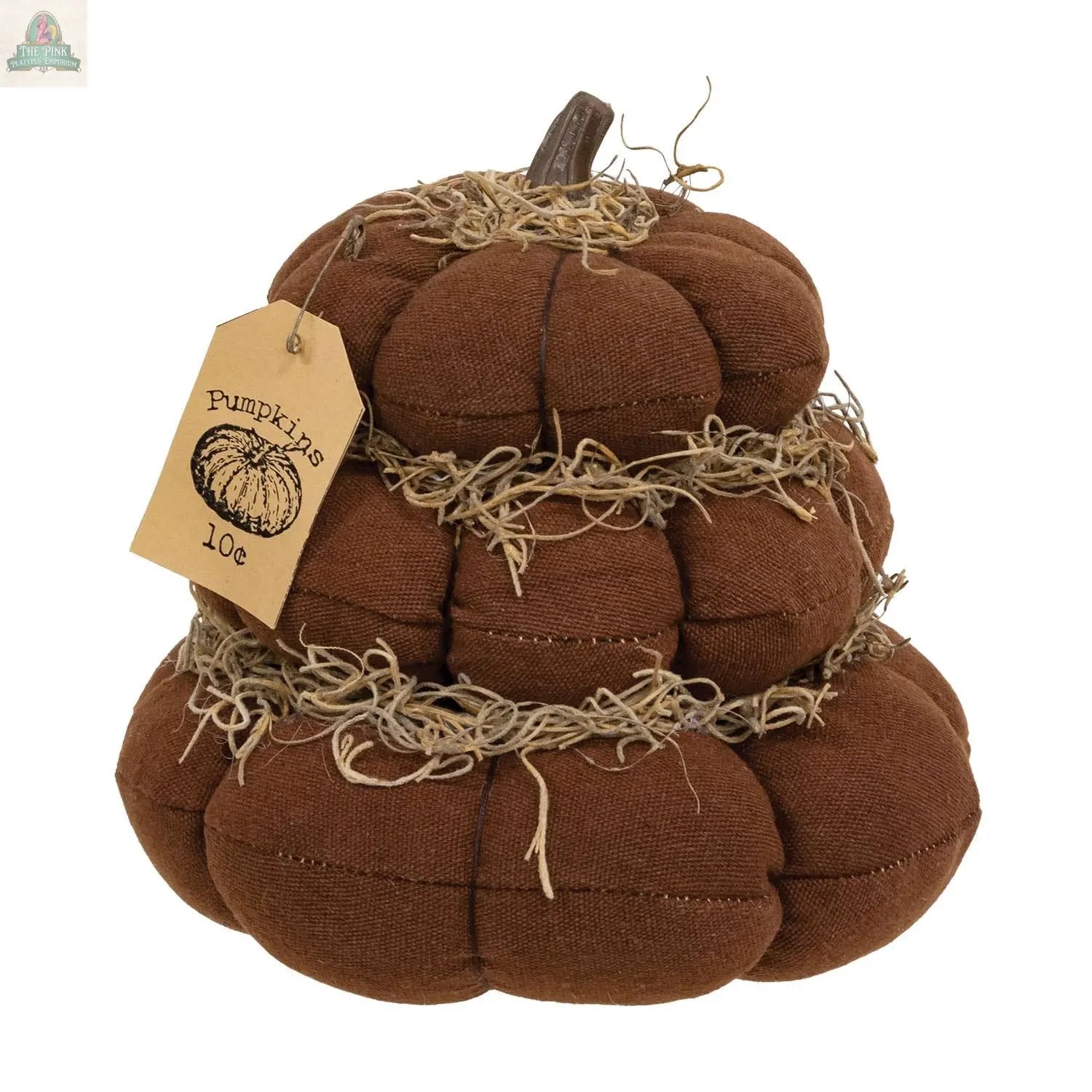 Add a rustic touch to your fall decor with the "Pumpkins 10 Cents" Stuffed Pumpkin Stack, featuring brown segments, faux moss, and a “Pumpkins 10¢” tag attached to the stem.