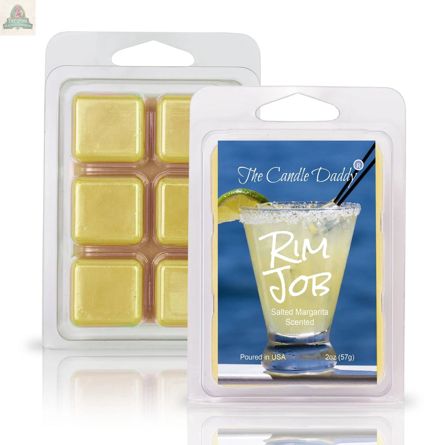 An open pack of RIM JOB - SALTED MARGARITA SCENTED WAX MELT (2 oz) displays six yellow cubes, while a closed pack shows the label—ideal for adding a refreshing aroma to your space.