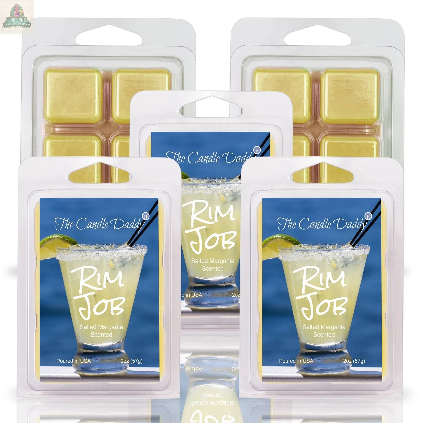 Five packs of RIM JOB - SALTED MARGARITA SCENTED WAX MELT (2 oz each) from The Candle Daddy. Three packs in front display a margarita image, while two behind show the yellow wax cubes—perfect for aromatherapy.