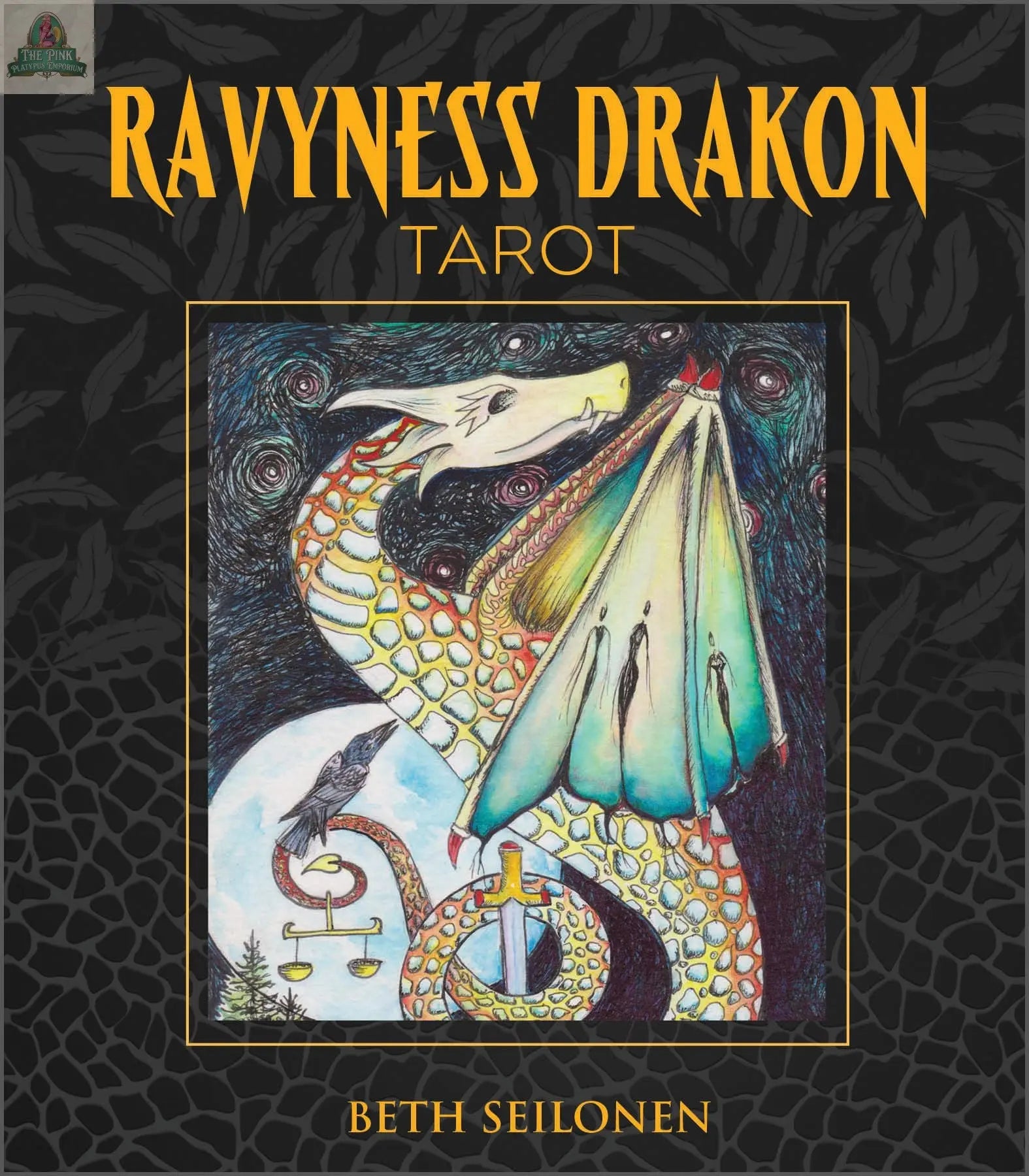 Cover of the Ravyness Dragon Tarot by REDFeather: a vibrant stylized dragon with moonlit background, intricate scales, and decorative patterns—an eye-catching introduction to this unique tarot deck surrounded by dark leafy designs.