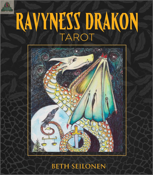 Cover of the Ravyness Dragon Tarot by REDFeather: a vibrant stylized dragon with moonlit background, intricate scales, and decorative patterns—an eye-catching introduction to this unique tarot deck surrounded by dark leafy designs.