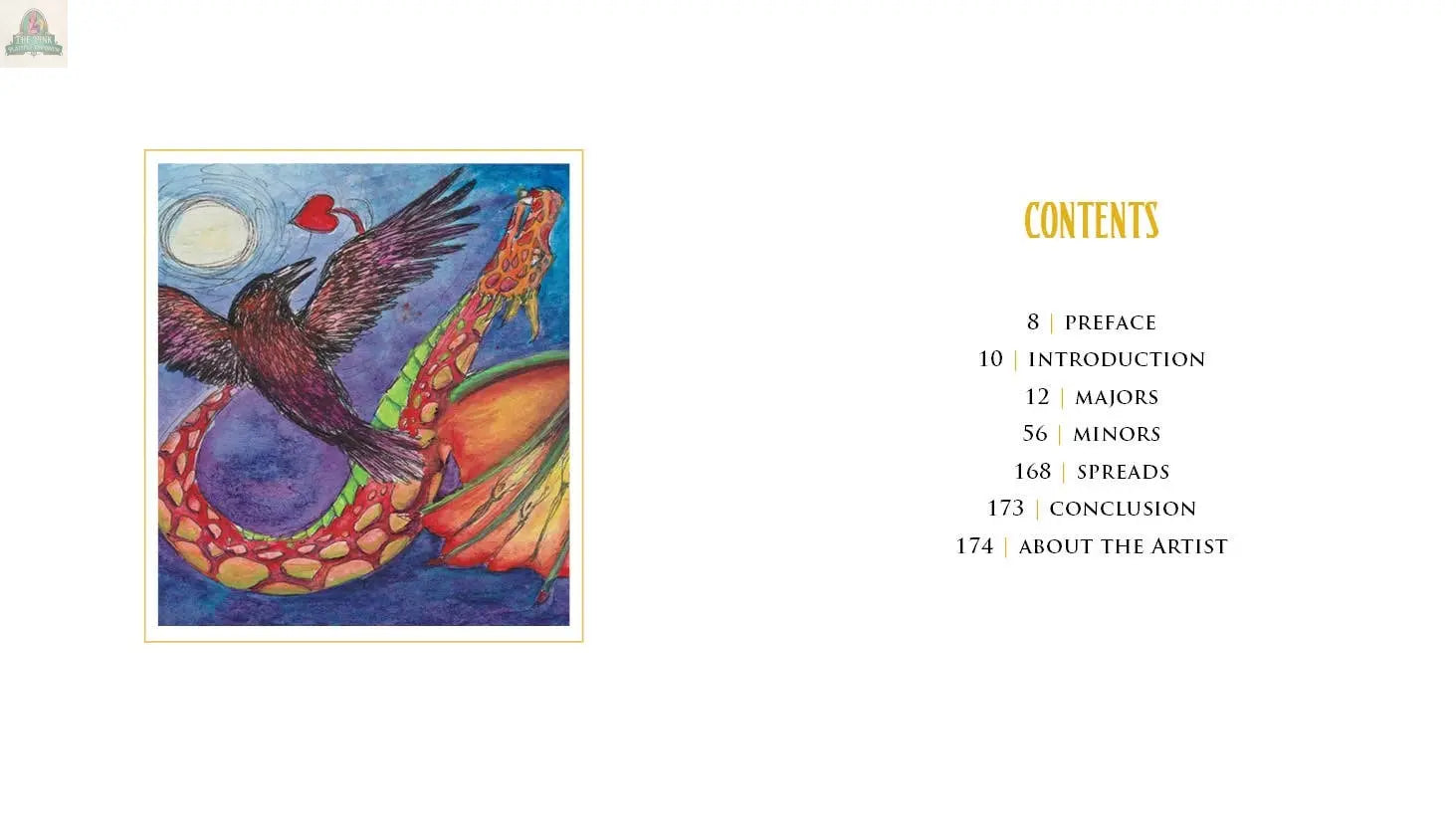 A vibrant illustration from the Ravyness Dragon Tarot by REDFeather shows a black bird flying with a red heart above it, near a large serpent and orange object. A white background features a table of contents with sections and page numbers on the right.