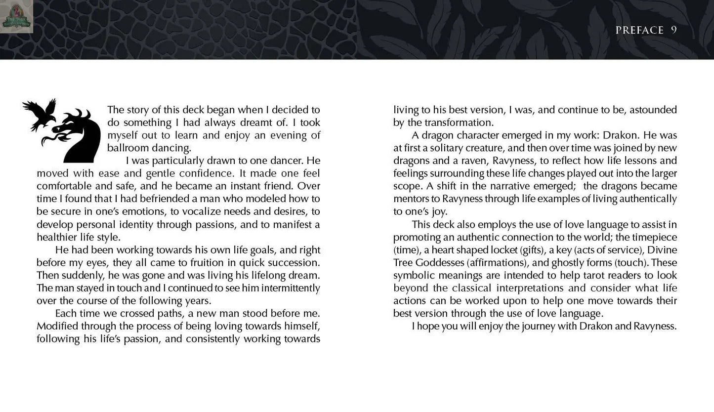 A two-page spread from the Ravyness Dragon Tarot by REDFeather shows text on a dark background, a winged dragon in the top right, and decorative leaves at the top left. Pages 8–9 are labeled PREFACE, reflecting the deck’s mystical style.