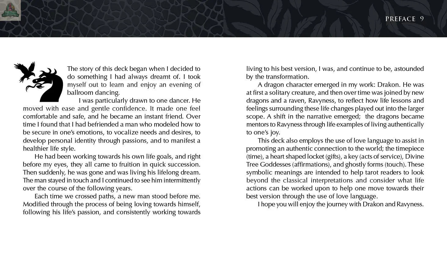 A two-page spread from the Ravyness Dragon Tarot by REDFeather shows text on a dark background, a winged dragon in the top right, and decorative leaves at the top left. Pages 8–9 are labeled PREFACE, reflecting the deck’s mystical style.