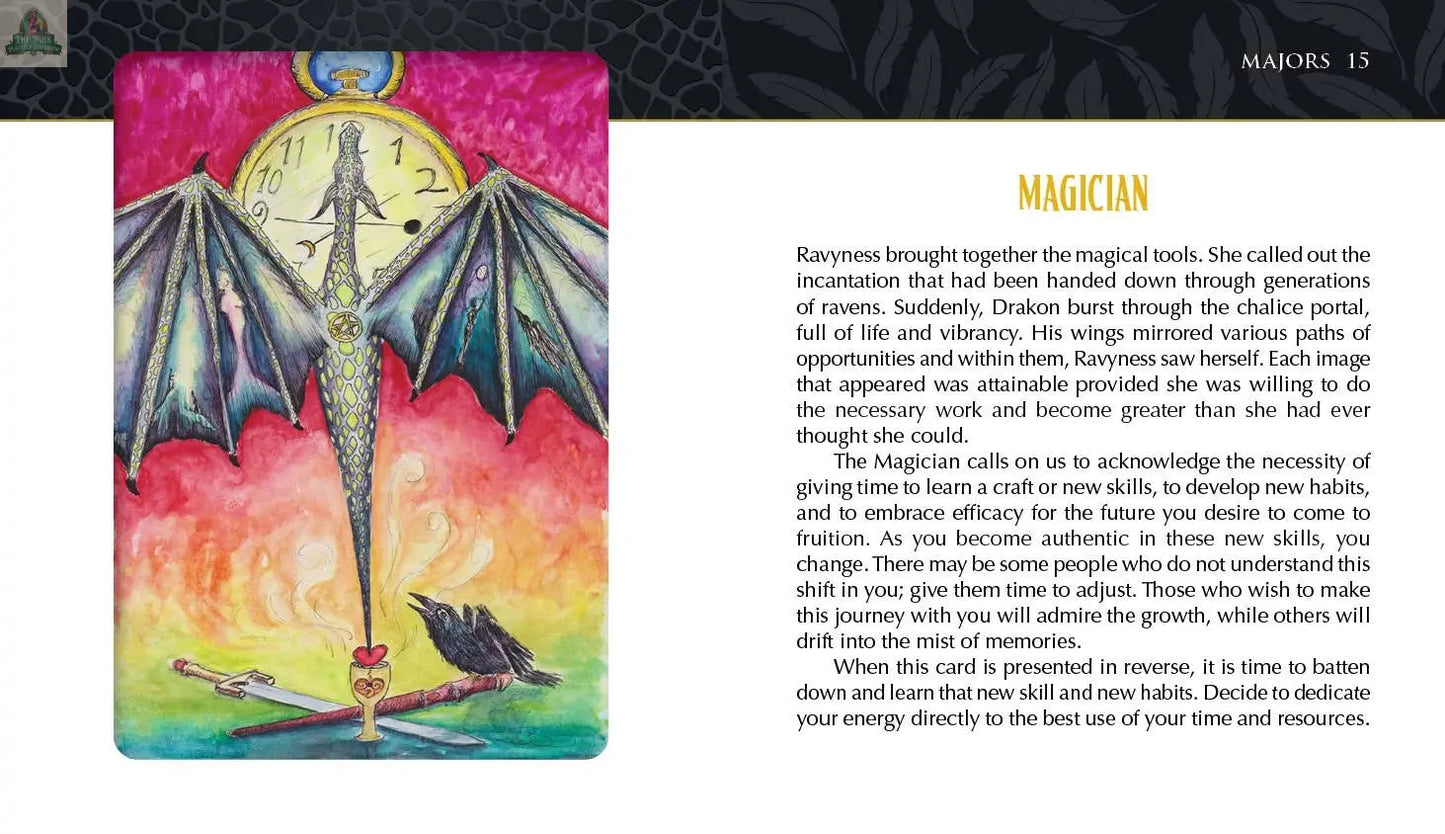 A vivid illustration from the Ravyness Dragon Tarot by REDFeather shows a dragon perched on a sword before a clock, with a raven near a red heart, depicting the Magician card in this unique tarot deck.