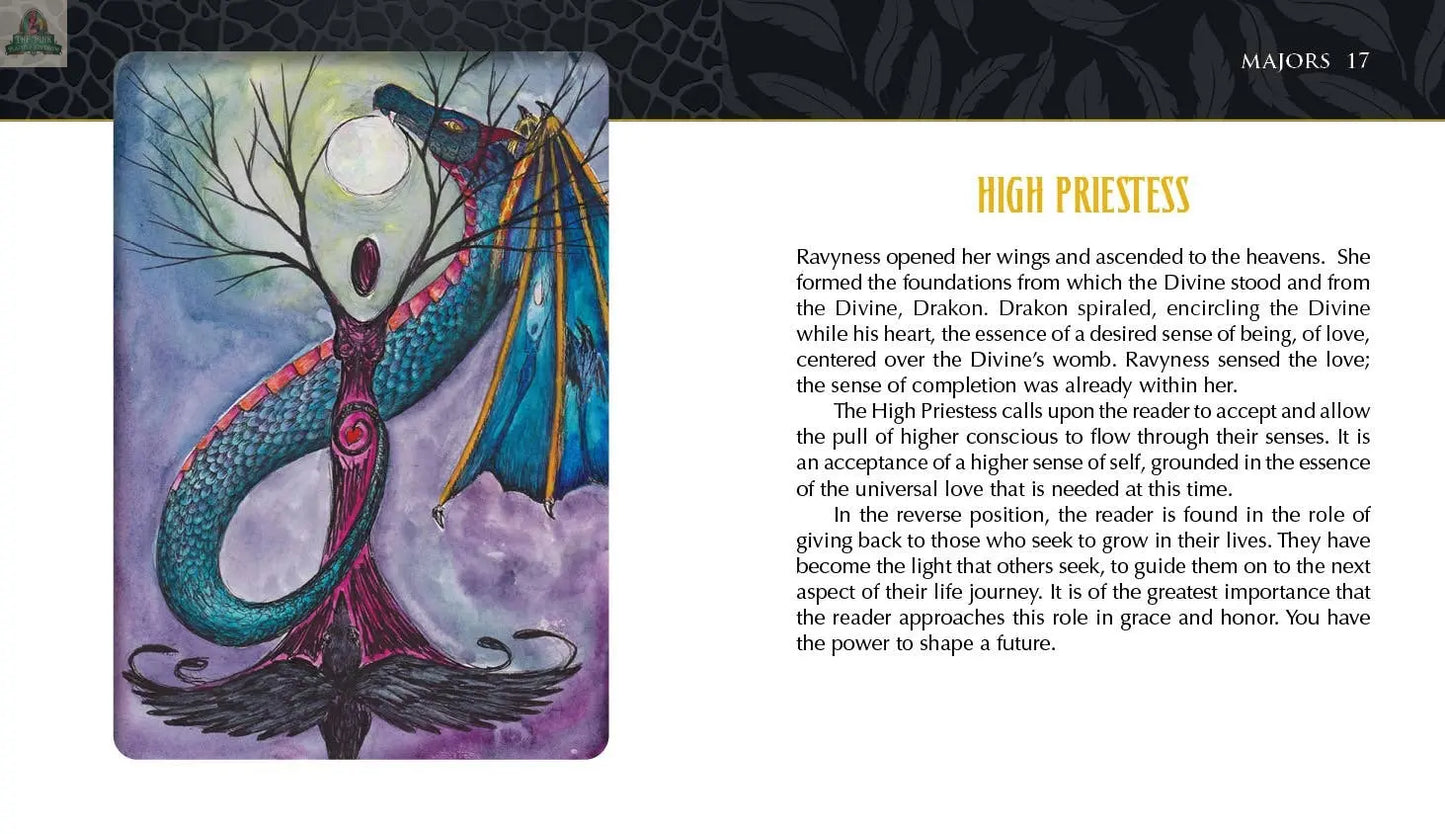 The Ravyness Dragon Tarot by REDFeather features a High Priestess card with a blue-green dragon and pink wings spiraling around a crescent moon, set against a cosmic background of stars and abstract patterns.