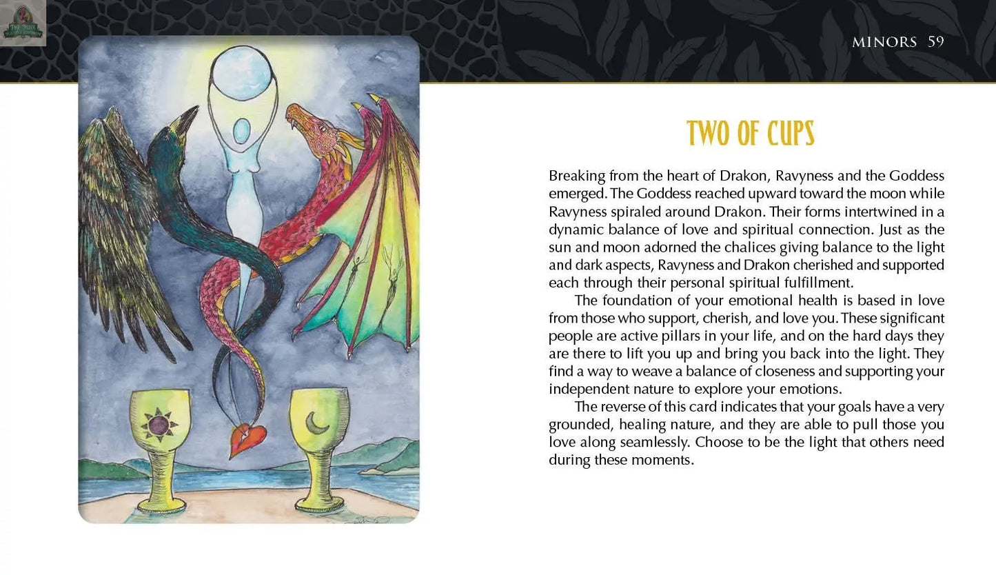 An illustration from the Ravyness Dragon Tarot by REDFeather depicts two intertwined dragons, red and gold, looping around a glowing cup beneath the moon—capturing the essence of the Two of Cups tarot card.