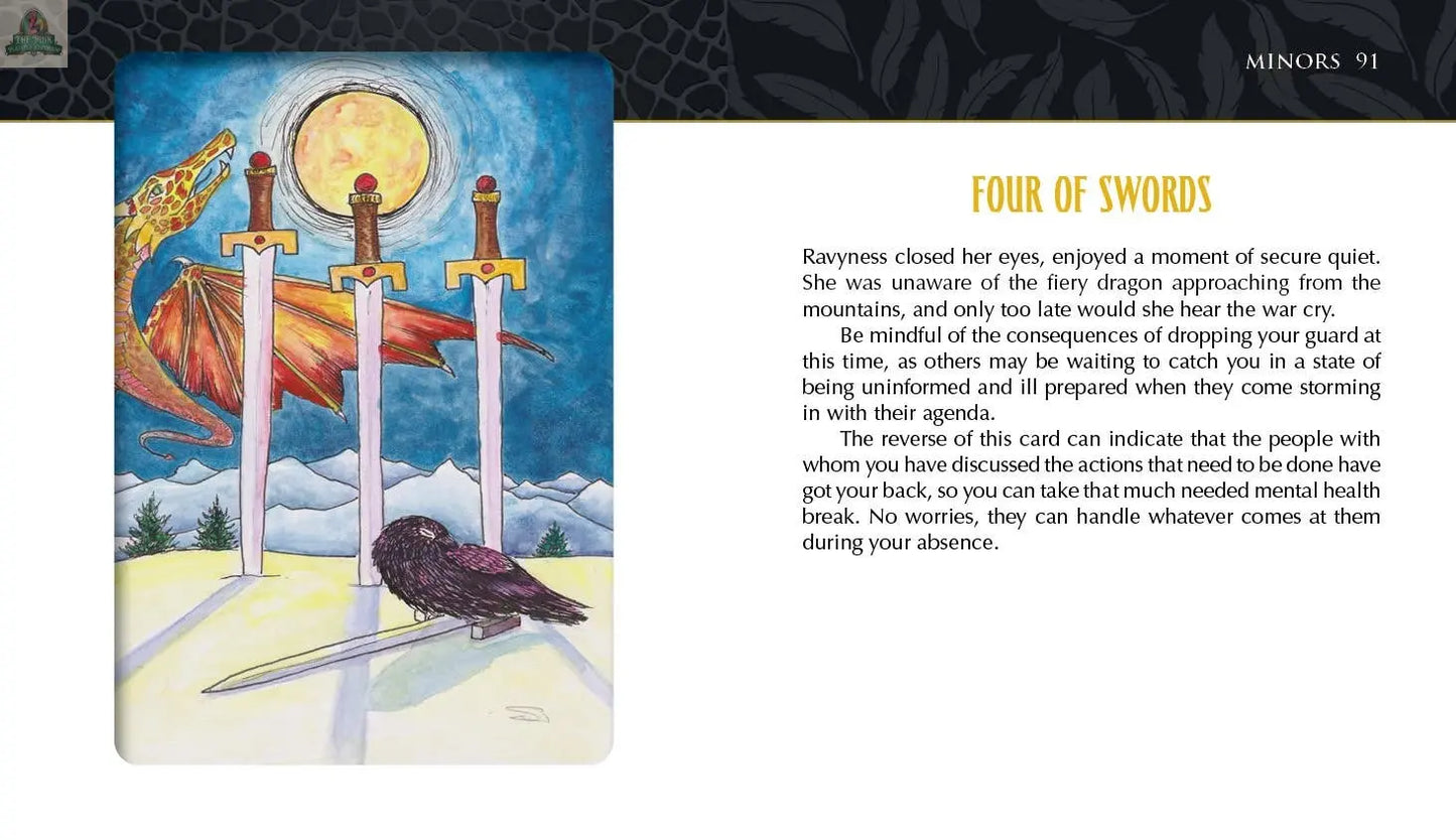 An illustration from the Ravyness Dragon Tarot by REDFeather: four swords—three upright with a red dragon behind, one laying down with a black bird perched atop. A full moon shines over snowy mountains in the background.