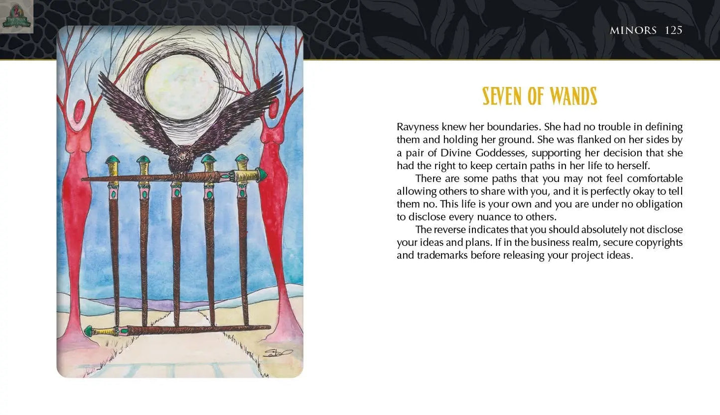 An illustrated card from the Ravyness Dragon Tarot by REDFeather depicts seven wands as a barrier under a bright moon, flanked by two red female figures with upraised arms and black wings, plus text explaining the meaning of the Seven of Wands.