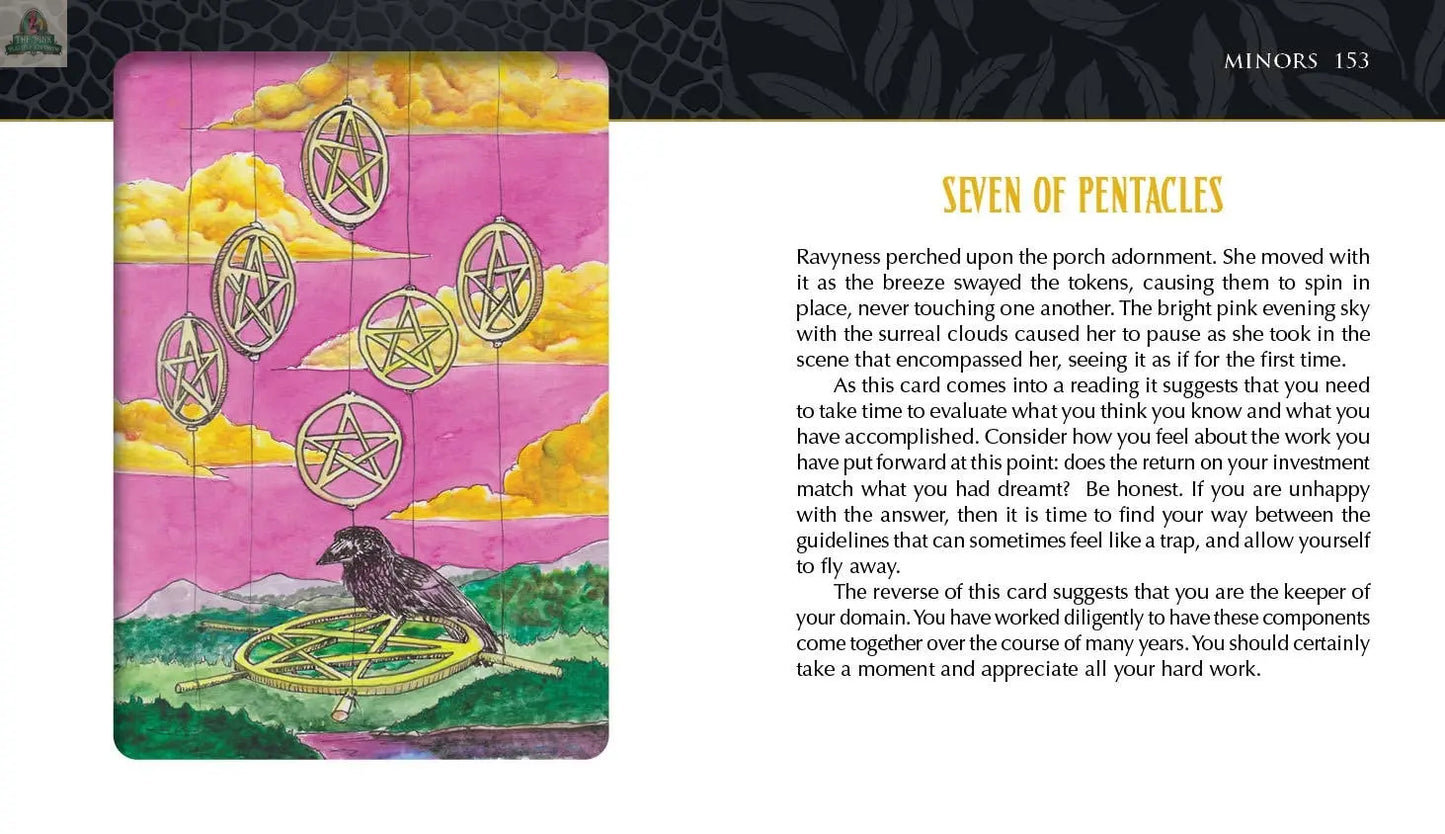 The Seven of Pentacles from the Ravyness Dragon Tarot by REDFeather depicts a black bird on a pentacle with six above, set against a pink and yellow sky. The included text details the meaning and interpretation of the card.