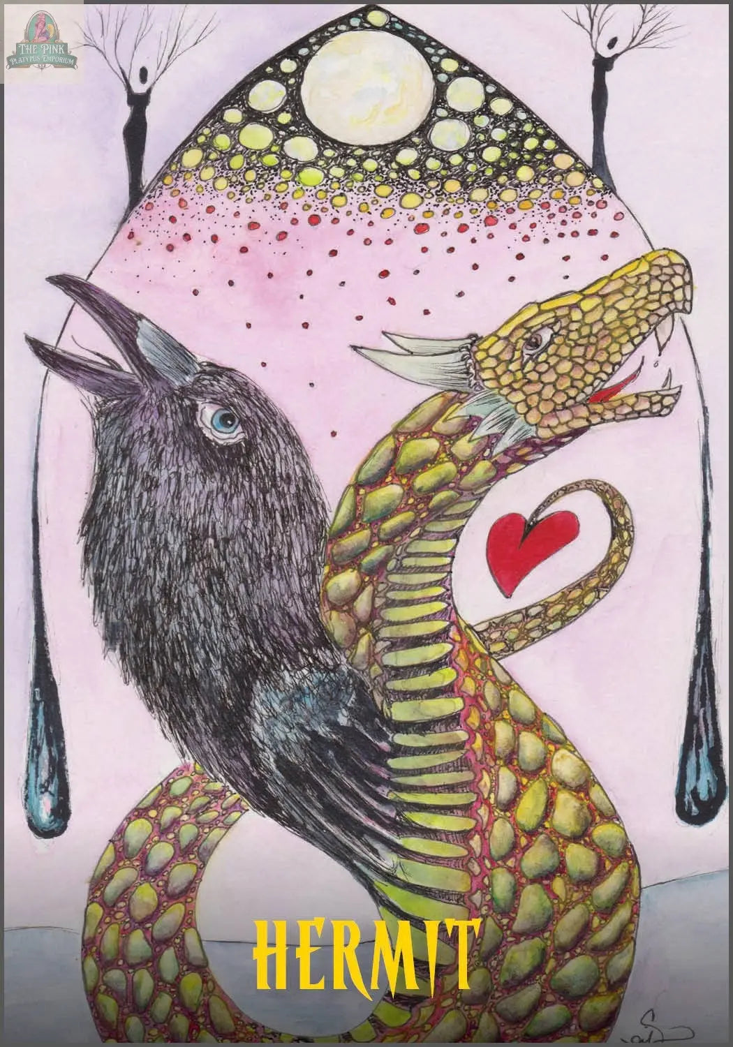A mystical creature with a raven’s head and dragon’s body stands by a crescent moon, heart on its chest. Below, “HERMIT” appears in yellow—capturing the essence of REDFeather’s Ravyness Dragon Tarot deck.