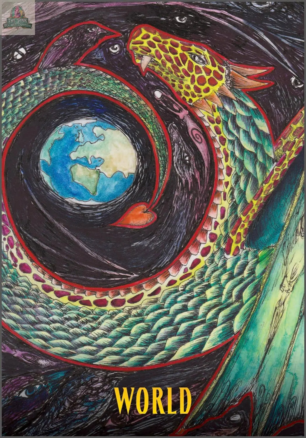 A vibrant, serpent-like dragon inspired by the Ravyness Dragon Tarot from REDFeather coils around a glowing Earth on a dark, swirling backdrop. “WORLD” is boldly displayed in yellow at the image’s bottom.