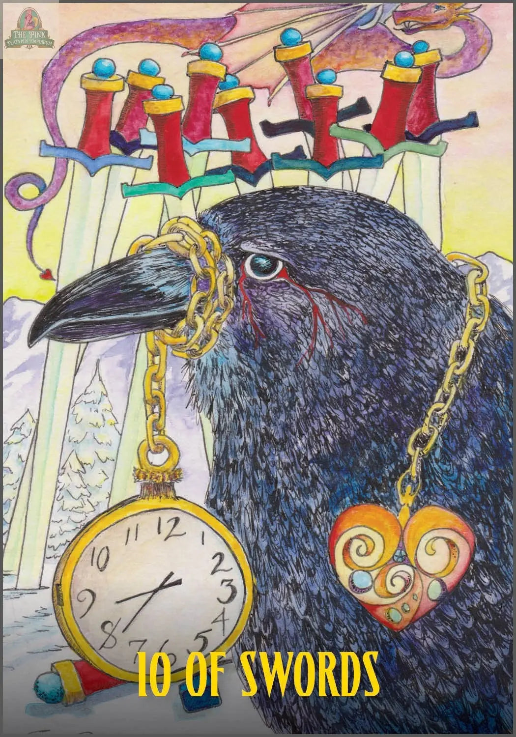 The Ravyness Dragon Tarot by REDFeather features a 10 of Swords card with a black raven, chained pocket watch and heart pendant, ten swords in the ground, mountains, and a purple dragon in the background.