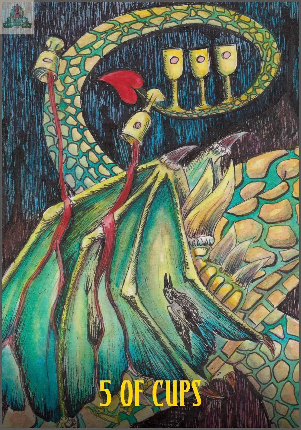 An illustrated card from the Ravyness Dragon Tarot by REDFeather features a green serpent-like dragon with red-tipped tongues. Three cups are raised on its tail, two spilled below, with “5 OF CUPS” at the bottom.