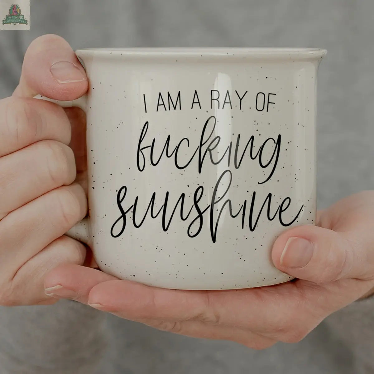 A person holds the Ray of F'n Sunshine 14.5oz white speckled ceramic mug featuring "I am a ray of fucking sunshine" in black cursive and print—an ideal way to showcase your bold personality with a touch of sarcasm.