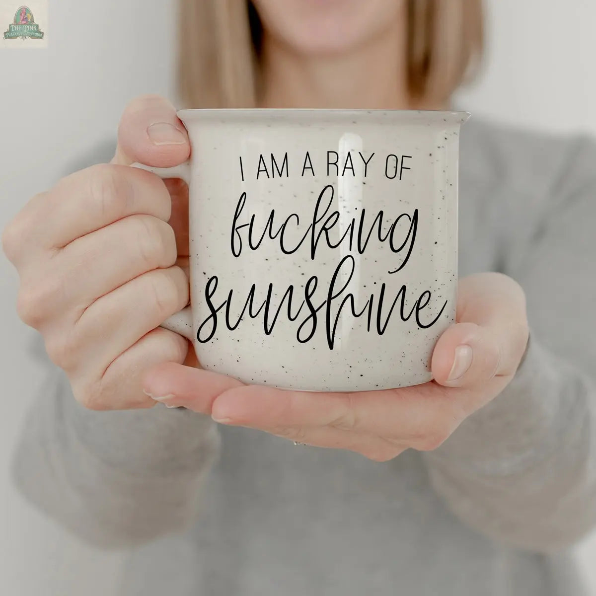 Someone holds the Ray of F'n Sunshine 14.5oz mug, a white speckled ceramic cup featuring bold black script, contrasted against their light gray top and a bright, simple background.
