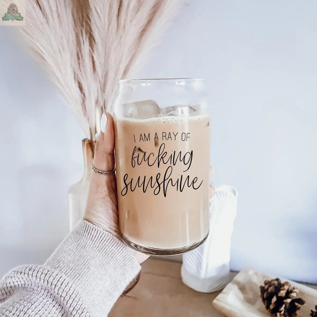 A hand holds the Ray of Sunshine 17oz glass of iced coffee, featuring the phrase "I am a ray of fucking sunshine" and a bamboo lid. In the blurred background, dried pampas grass in a vase and a pinecone are visible.